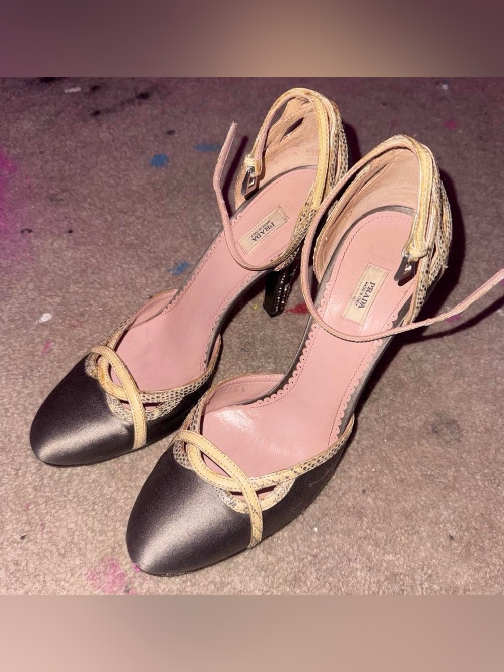 Prada Black Satin and Beige Trim Ankle-Strap Heels